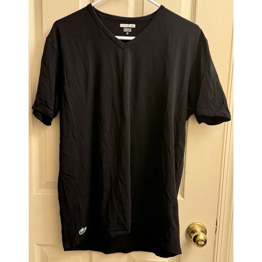 Lacoste Shirt Mens XL Black Short Sleeve Logo V Neck‎ Under Shirt Lightweight
